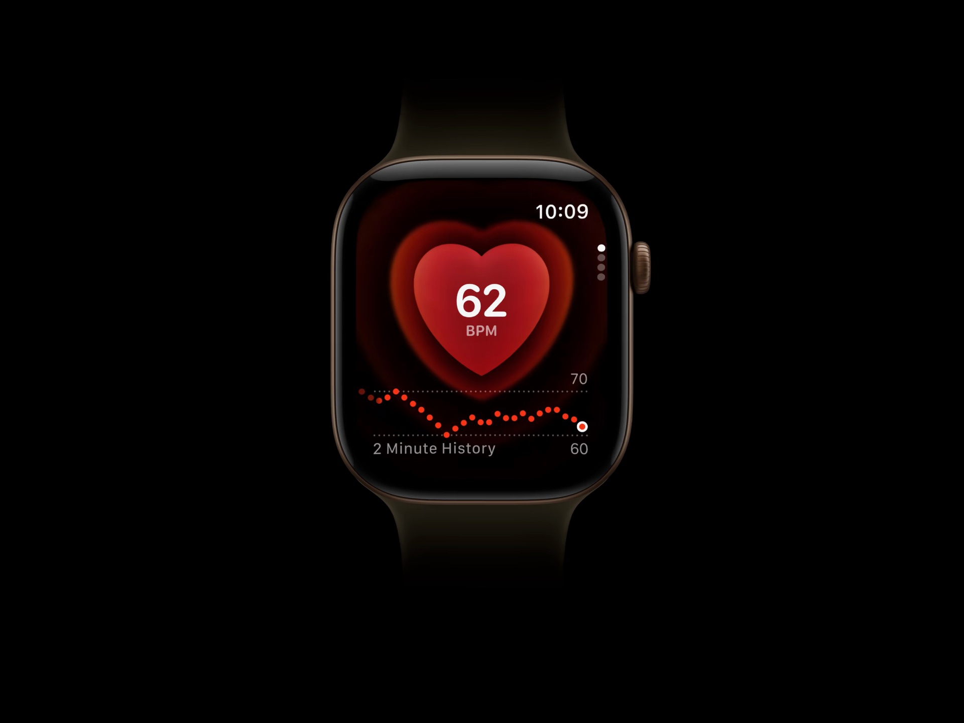Apple Watch Series 12 de frente, con la app de frecuencia cardiaca en pantalla