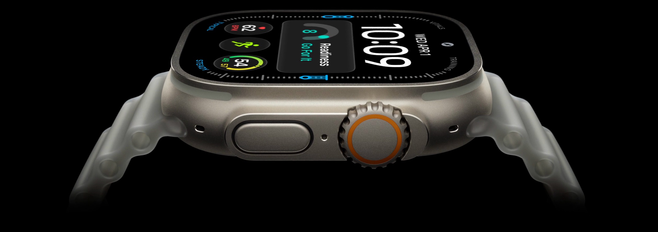 Apple Watch Ultra 4 de titanio natural, acostado, con la correa Ocean