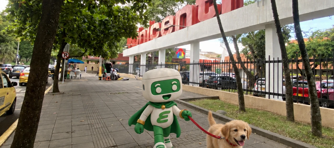 Pod, la mascota de Equis Mobile, frente al Centro Comercial Unicentro en Cali